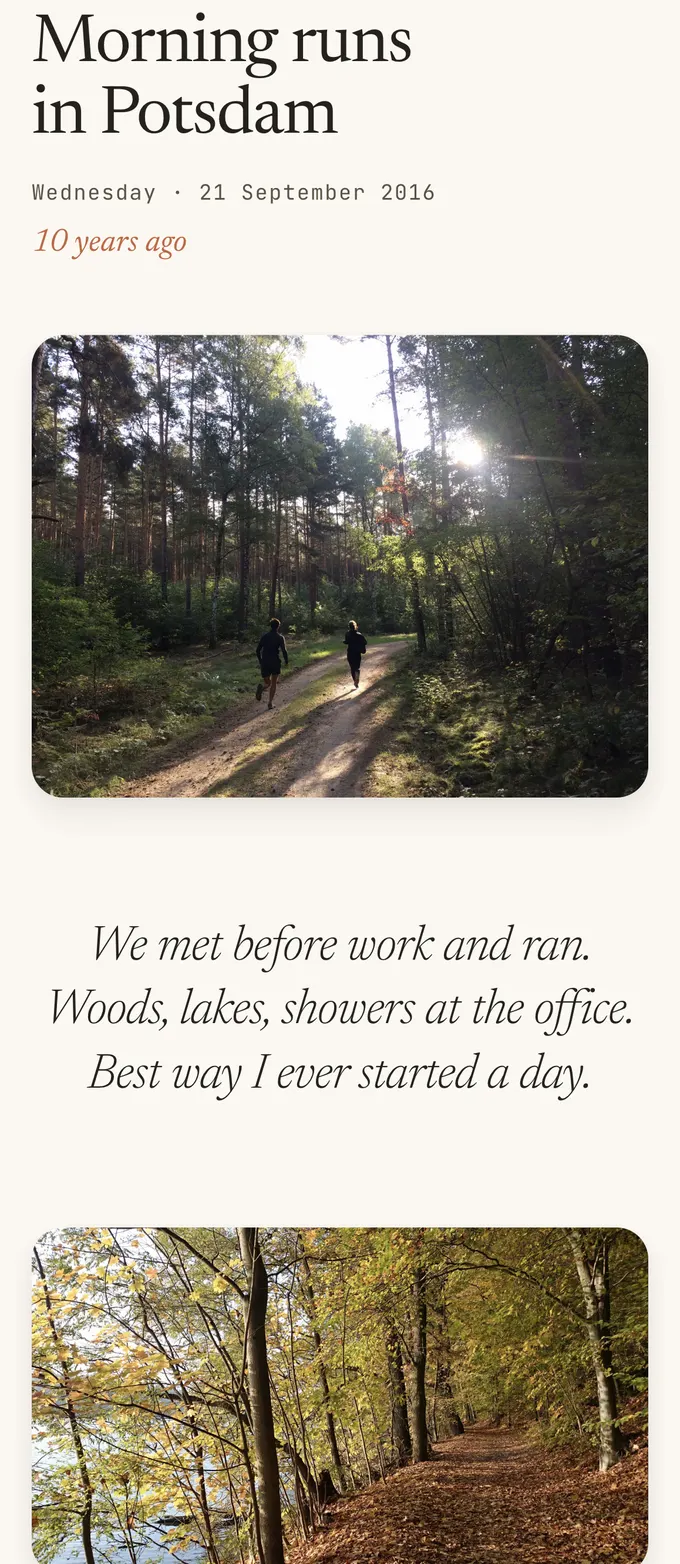 A Spark coming back in the LifeSparks app: “Morning runs in Potsdam”, 21 September 2016, 10 years ago, with two runners on a forest path and a short note