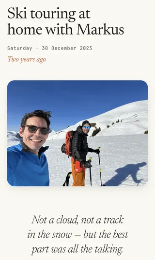 The Spark “Ski touring at home with Markus” in LifeSparks, dated Saturday, 30 December 2023, two years ago: a selfie on the ski tour, and the note “Not a cloud, not a track in the snow — but the best part was all the talking.”